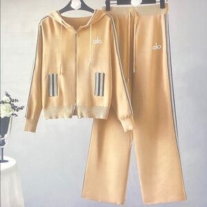 Alo Yoga Two-Piece Hoodie & Wide-Leg Sweatpants Set — Camel